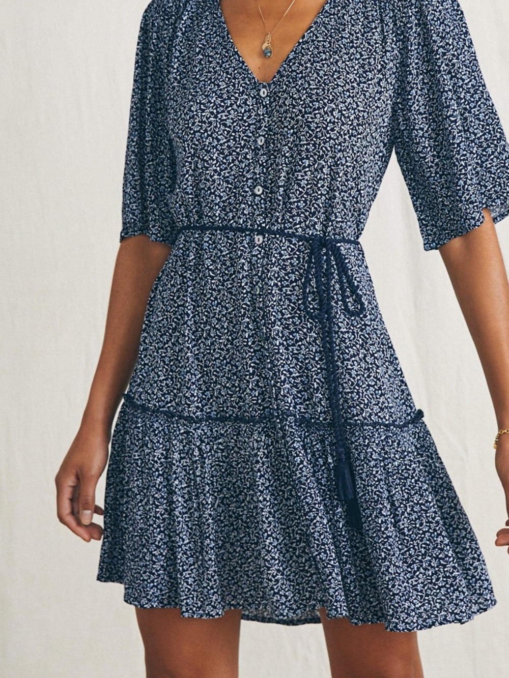 Faherty Orinda Navy Floral Button-Front Tie-Waist Mini Dress